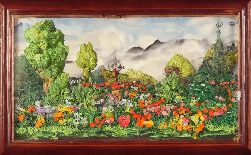 Image similar to a landscape painting, claymation, henri berthaut, art - deco, miner kilbourne kellogg, gardens, collage