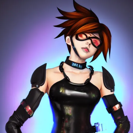 Prompt: full body digital artwork of tracer overwatch, wearing black iridescent rainbow latex tank top, 4 k, expressive happy smug expression, makeup, in style of mark arian, wearing detailed black leather collar, chains, black leather harness, leather cuffs around wrists, detailed face and eyes,