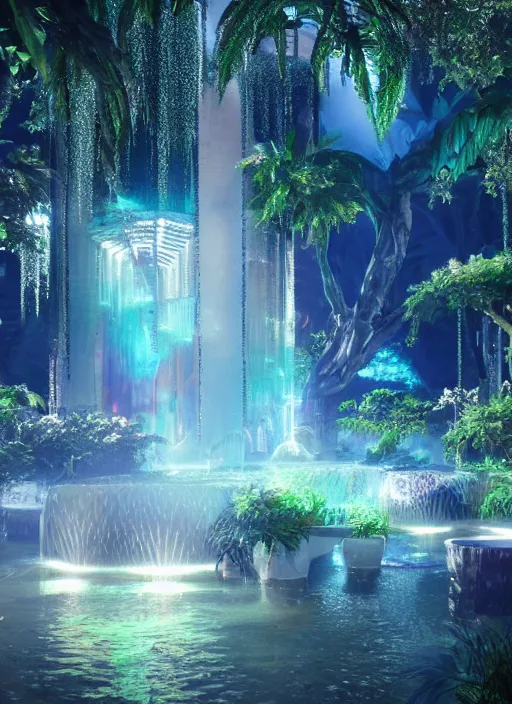 Image similar to beauteous sumptuous, with incredible iridescent pearlescent voluminous fluorescent neon indirect soft glow cinematic lighting, fountain of youth, secret garden, crystalline masterpiece incrustations, hyperdetailed features, movie still, intricate, octane render, cinematic forest lighting, unreal engine, crepuscular rays, god rays