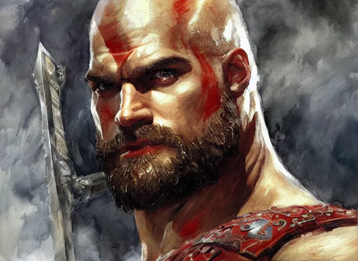 Image similar to a highly detailed beautiful portrait of henry cavill as kratos, by gregory manchess, james gurney, james jean