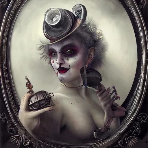 Prompt: By Tom Bagshaw, ultra realist soft painting of a curiosities carnival by night, Female steampunk Clown smiling long tongue dirty teeth and dressed, horror, omnious sky, symmetry accurate features, very intricate details, black and white, volumetric light clouds