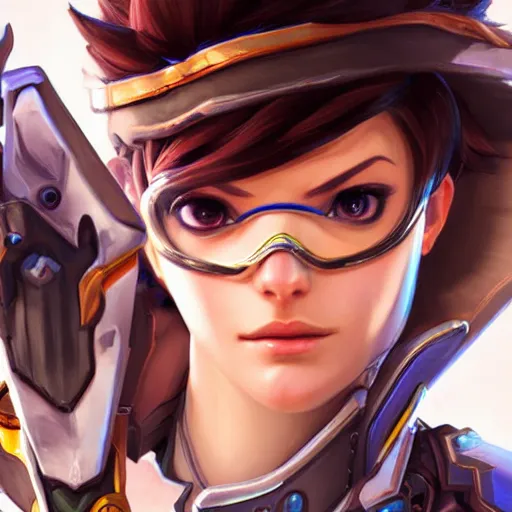 Image similar to closeup portrait of Tracer from Overwatch, D&D, fantasy, intricate, elegant, highly detailed, digital painting, artstation, concept art, matte, sharp focus, illustration, hearthstone, art by Artgerm and Gred Rutkowski and Alphonse Mucha