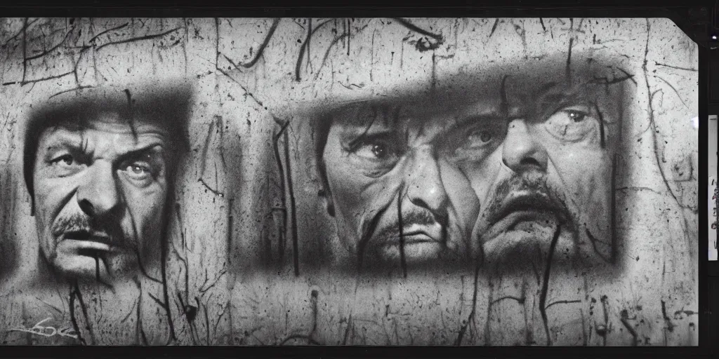 Prompt: detailed medium format photo, polaroid still from tarkovsky movie, dr. apple doing an amazing piece of graffiti on a wall, haze, high production value, intricate details, 8 k resolution, hyperrealistic, hdr, photorealistic, high definition, technicolor, award - winning photography, masterpiece, black and white, grungy