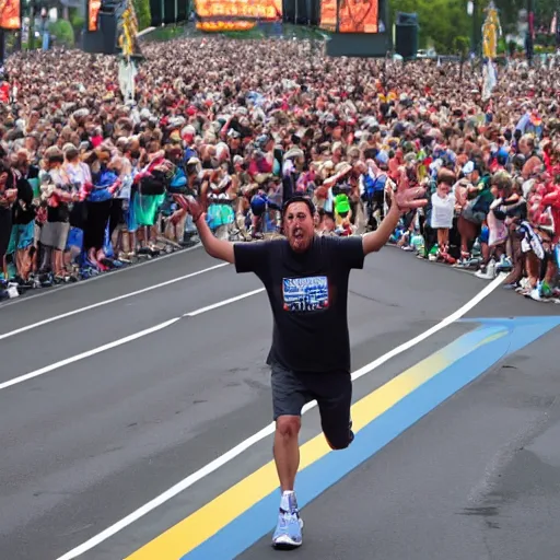 Prompt: Adam Sandler crossing the finishing line of a marathon, celebrating with arms in the air, photorealistic, 4k