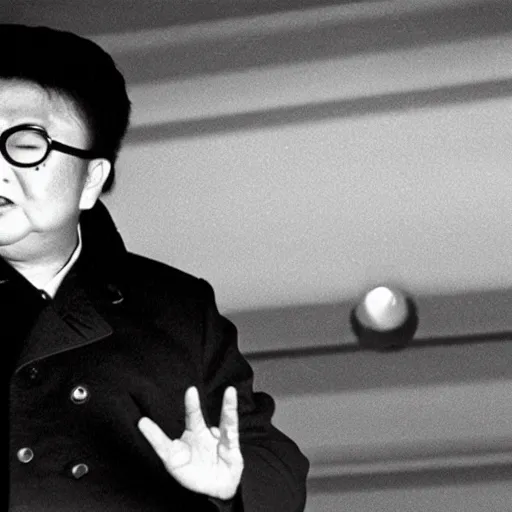 Prompt: A filmstill of Kim Jong-il looking upwards towards a movie screen projecting monster movies, Cooke Varotal 20-100mm T3 lens, ambient fog, night, ultra-wide lens, 14mm, cinemascope