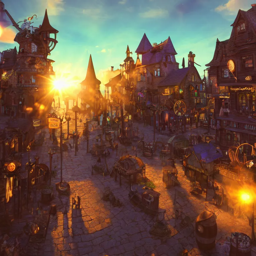 Prompt: photorealistic steampunk town. witchy village. sunset. witches flying on brooms. potion shop. pastel clouds. cauldron. lens flare. 8K. detailed. photorealism. artstation. 25mm f/1.7 ASPH Lens. ultra realistic