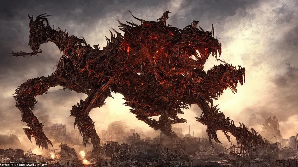 Prompt: high quality art of a giant mechanized dragon roaming a ruined city in an apocalyptic future, made of plates and armor throughout the body, having 4 limbs and 4 talons on each foot, and glowing fiery red eyes, climbing over a destroyed building in a hazy radioactive atmosphere, roaring with an epic pose into the air as the building crumbles under the weight, showing lots of sharp teeth. furaffinity, deviantart, artstation, high quality