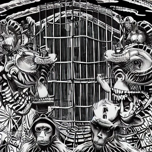 Prompt: monkeys greeting quetzalcoatl locked in a cage in a warehouse, 1 9 8 0's scifi, black and white, 8 k, highly ornate intricate details, extreme detail, punk xerox, lofi