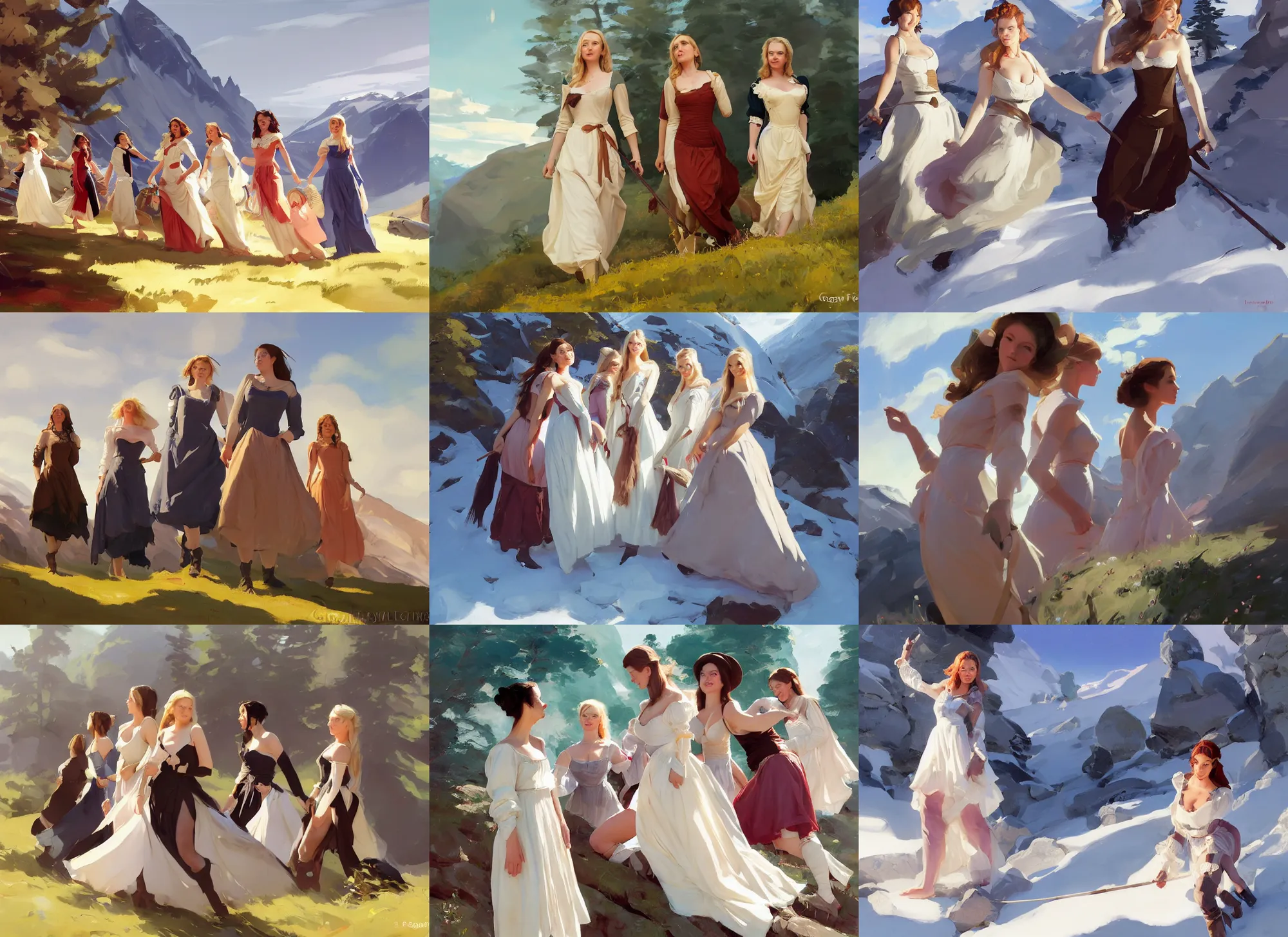 Image similar to five of beautiful finnish norwegian swedish scandinavian attractive glamour models wearing 1 7 th century bodice with low neckline walking in the mountains in a sunny day, jodhpurs greg manchess painting by sargent and leyendecker, studio ghibli fantasy medium shot asymmetrical intricate elegant matte painting illustration hearthstone, by greg rutkowski by greg tocchini by james gilleard