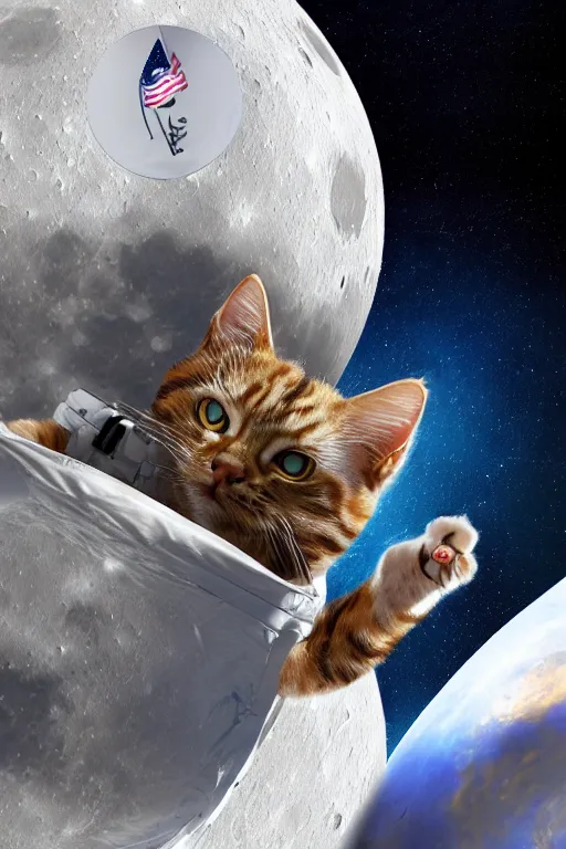 Image similar to cats in space suits place their cat flag on the moon, digital painting, realism, artstation, concept art, smooth, sharp focus, illustration, art by mike winklemann and matt schu