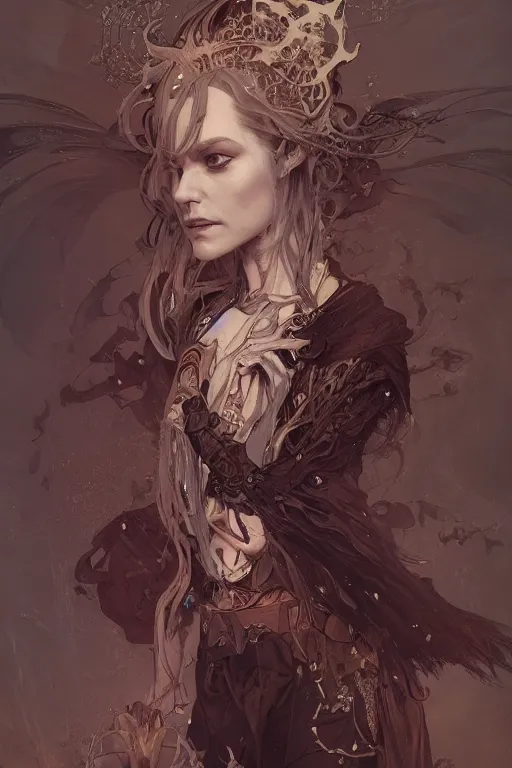 Image similar to A full portrait of a beautiful terrible dystopian boneyard nordic necromancer sorcerer enchanter, intricate, elegant, highly detailed, digital painting, artstation, concept art, smooth, sharp focus, illustration, art by Krenz Cushart and Artem Demura and alphonse mucha