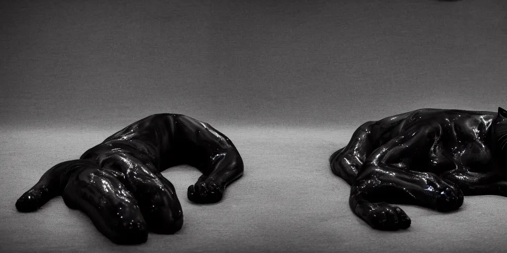 Prompt: the smooth black panther, made of smooth black goo, laying on the couch in the living room after bathing in the ferrofluid, viscous, sticky, full of tar, covered with black goo. photography, dslr, reflections, black goo