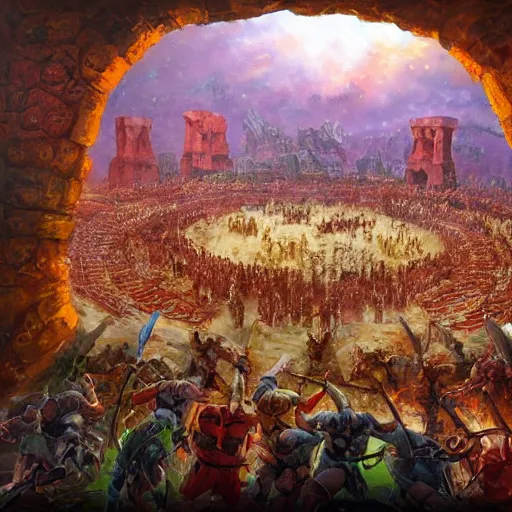 Image similar to arena gladiator battle to cheering crowd on ancient post - apocalyptic planet, jim henson creature shop, vivid and colorful, thomas kincaid, cinematic, oil painting, highly detailed, illustration