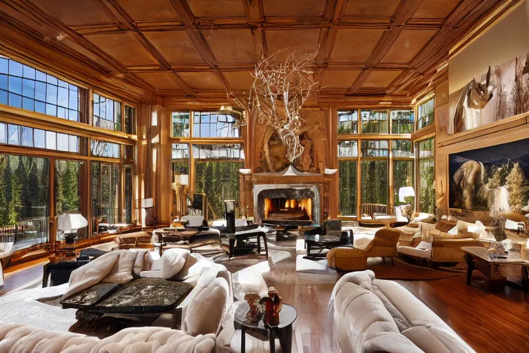 Prompt: interior of a beautiful contemporary mansion in Aspen, skybridges, turrets, golden hour, light snow, snowflakes falling outside, sunbeams, volumetric lighting, by Emmanuel Lubezki