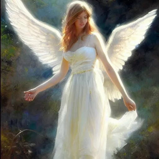 Prompt: a beautiful portrait of an angel with a beautiful face and her huge white wings spread out painted by gerhartz, highly detailed, beautiful, back lit, graceful and elegant, ethereal.