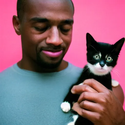 Prompt: photo of muscular black man holding a kitten, kodak portra 4 0 0 color negative film