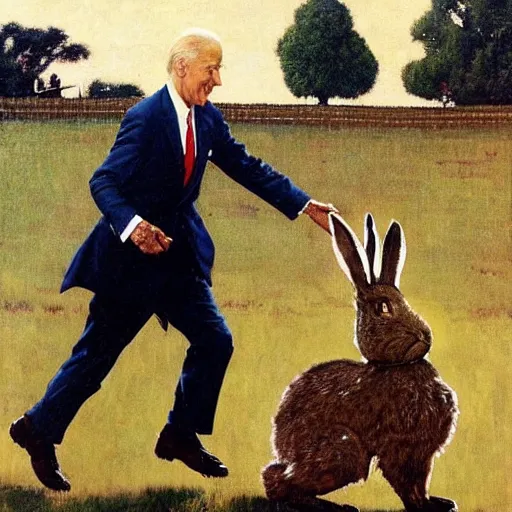 Image similar to joe biden being led around by a large rabbit, artist norman rockwell,