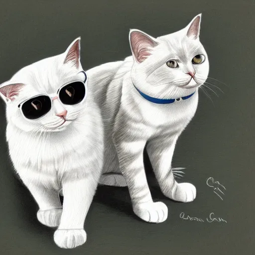 Prompt: a detailed drawing of a white / orange colorpoint ragdoll cat and a white / grey colorpoint ragdoll cat, wearing sunglasses