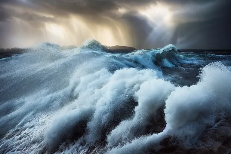 Prompt: beautiful landscape photography by marc adamus, scotland shore, big waves crashing, dramatic lighting, storm