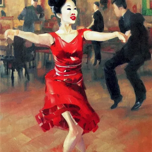 Image similar to a beautiful Asian woman dancing the Charleston on the living room carpet with joy, fair skin, red lips, black hair, oil painting, by Sherree Valentine Daines, 8k