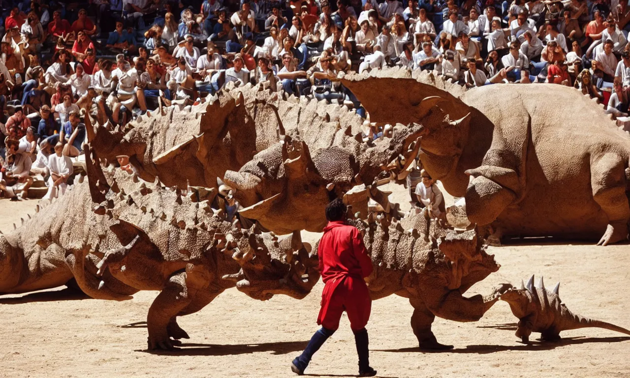 Image similar to a troubadour facing off against a horned dinosaur in the plaza de toros, madrid. long shot, midday sun, kodachrome