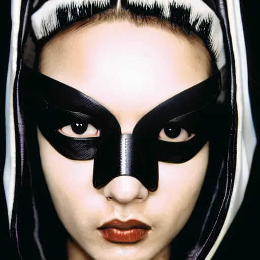 Prompt: 1990s fashion portrait of a young woman wearing cyberpunk clothing designed by Yohji Yamamoto, professional studio photography