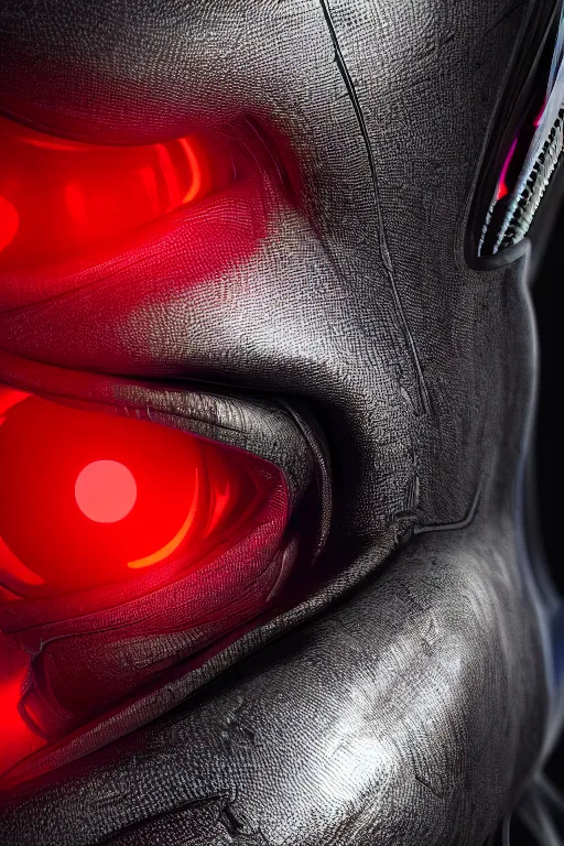 Image similar to closeup shot of a carbon black cyborg, macro shot, dof, cinematic, volumetric lighting, studio shot, octane render, red light, 4 k