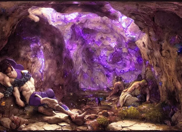 Prompt: underground cavern. purple moss growing on stone. violet glow. edgar maxence and caravaggio and michael whelan and delacroix style, artistic, intricate painting, cinematic lighting, hyper realistic, extremely detailed, vivid colors, establishing shot, dramatic lighting.