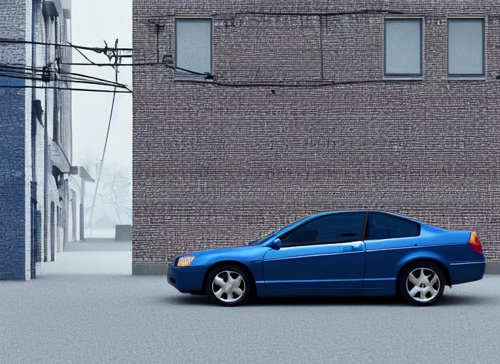 Image similar to blue 2 0 0 3 honda accord parked near a grey brick garage at sunrise, oil! puddle! under car, concept art, octane render, unreal engine 5, trending on artstation, high quality, 8 k, soft lighting, path traced, hyperrealistic, highly detailed, digital art, symmetrical, cinematic, high coherence, godrays