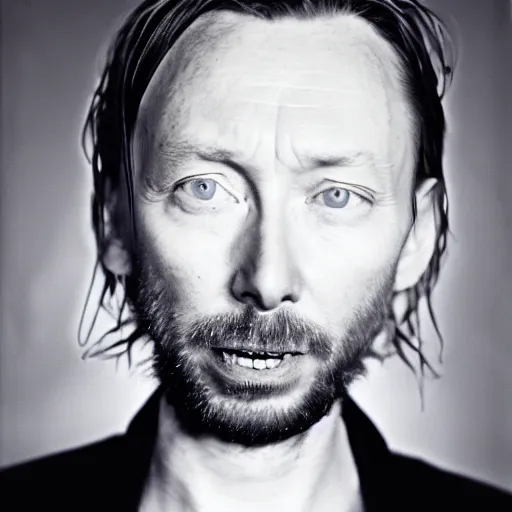 Prompt: Thom Yorke, Thom Yorke, Thom Yorke, with a beard and a black jacket, a portrait by John E. Berninger, dribble, neo-expressionism, uhd image, studio portrait, 1990s