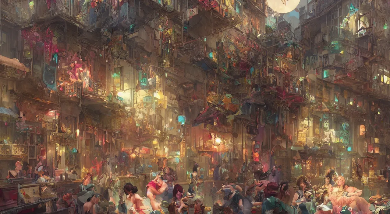 Image similar to bazaar zouk oriantal place mosquet multicolorful sky shine matte painting, street art, trending on artstation, by huang guangjian and gil elvgren and sachin teng