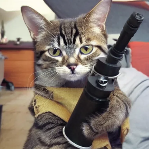 Image similar to realistic cute cat holding a giant minigun