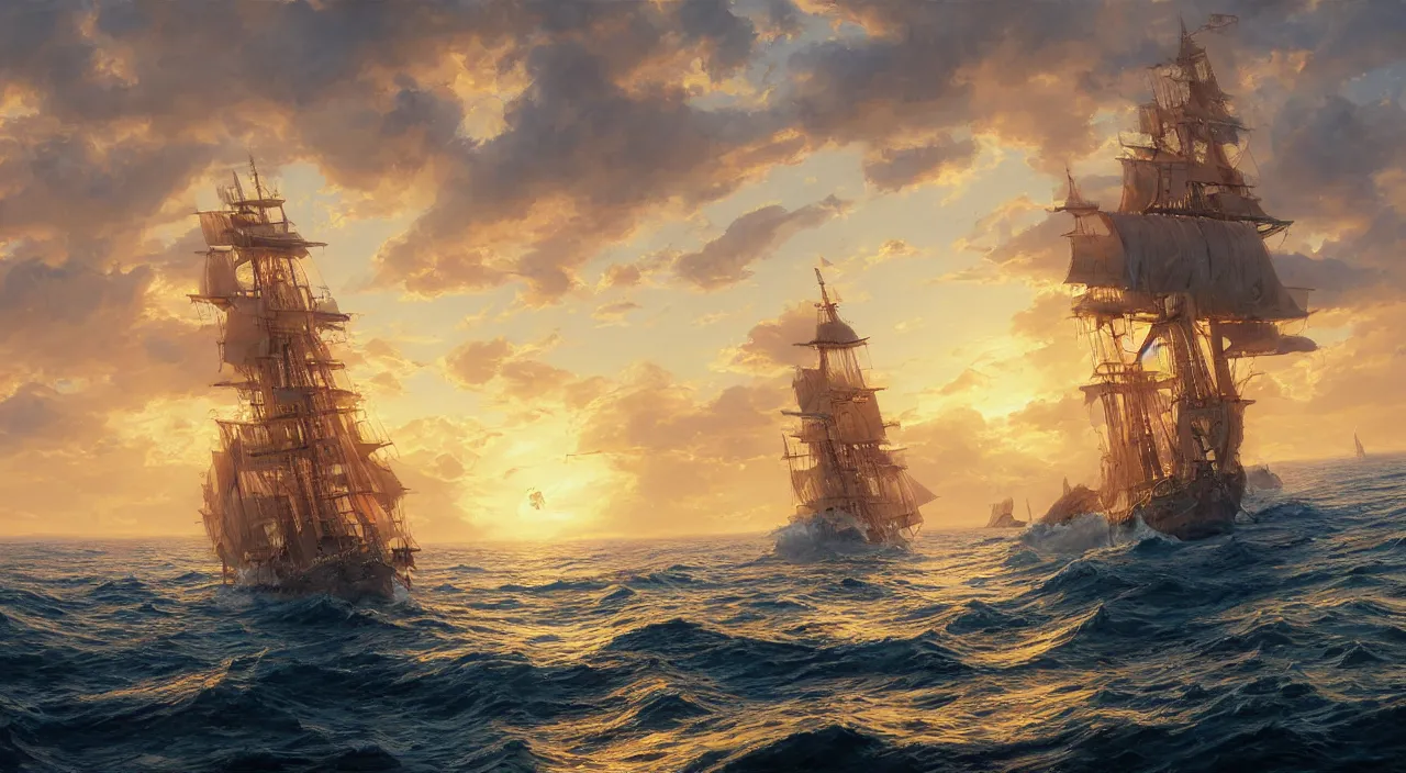 Image similar to detailed oil painting of galleon sailing towards the rising sun, calm ocean, sunset lighting, clear blue sky, hyperdetailed unreal engine 8 k ultra hd, stanley artgerm lau, rossdraws, james jean marc simonetti ruan jia and mandy jurgens and artgerm and william illustration, digital art, concept art