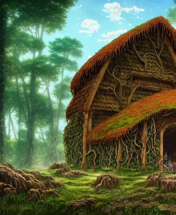 Image similar to a mammoth schoolhouse made from leaves, overgrown with huge exotic fungus, deep in the woods, noon, sun drenched, partly cloudy, by dan mumford, yusuke murata, makoto shinkai, ross tran, cinematic, unreal engine, cel shaded, featured on artstation, pixiv