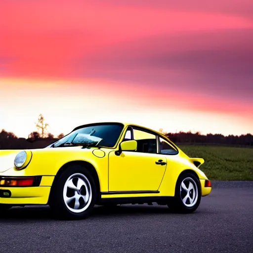 Image similar to an attractive young women driving a yellow 1 9 8 5 porsche 9 1 1 turbo, sunset, 4 k