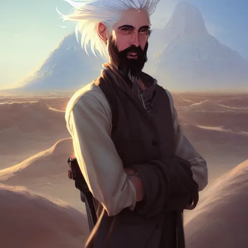 Image similar to a man with stylish white hair,an unusual beard and yellow eyes walking driving a scooter through a desert,character design by charlie bowater, ross tran, artgerm, and makoto shinkai, detailed, inked, western comic book art, 2021 award winning painting,digital art,art by greg rutkowski,photorealistic,highly detailed,hyperdetailed,hyperrealistoc,detailed face,surreal,fantasy,real life
