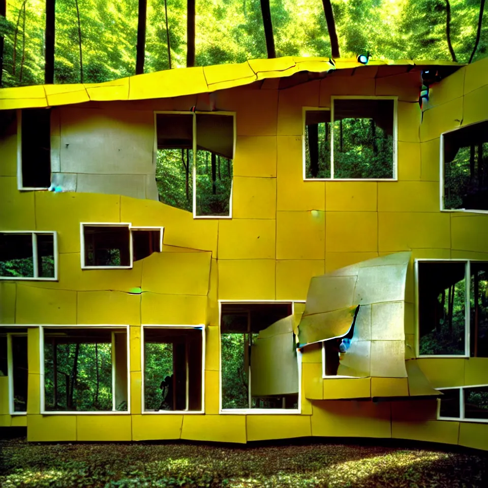 Prompt: a mid-century modern house with big tiles in a forest, designed by Frank Gehry. Film grain, cinematic, yellow hue