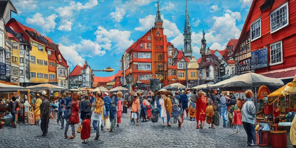 Prompt: Highly detailed oil painting of street life in stavanger by noon, strong atmosphere, oil painting masterpiece by Studio ghibli, symmetry, fractals