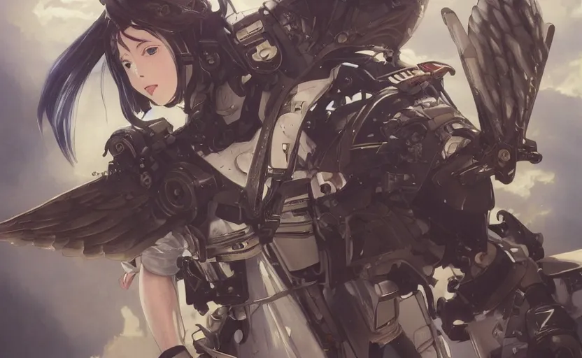 Image similar to mechanized valkyrie, anime style, airforce ace, vintage clothing, spread wings, short hair, hair down, symmetrical facial features, from arknights, hyper realistic, 4 k, rule of thirds, extreme detail, detailed drawing, trending artstation, hd, d & d, realistic lighting, by alphonse mucha, greg rutkowski