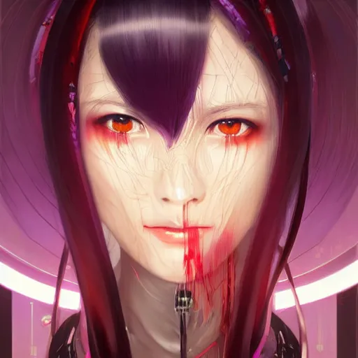 Image similar to a beautiful portrait of hatsune miku with long black and deep red colored hair and one purple colored cyborg eye, dressed a netrunner from shadowrun, intricate, elegant, highly detailed, digital painting, artstation, concept art, matte, sharp focus, illustration, art by greg rutkowski and alphonse mucha