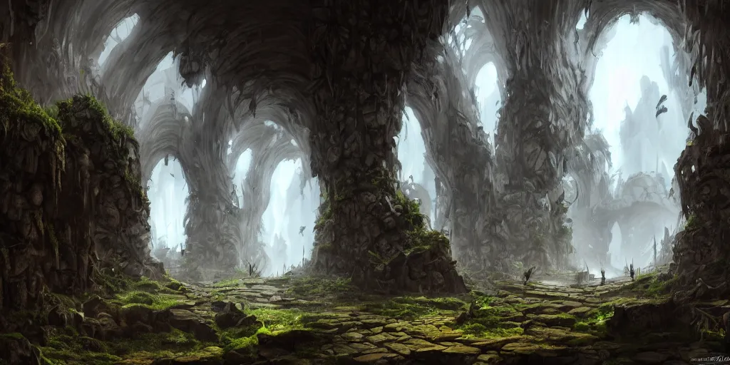 Image similar to Underground Dryad city hidden inside a large cavern, lush greenery, two round black columns in the center of the city, buildings made of white stone, Baroque architecture. In style of Hyung-tae Kim, Greg Rutkowski and Larry Elmore, concept art, trending on ArtStation, Korean MMORPG, over-detailed art, 8K, epic, dynamic lightning, scenery, .