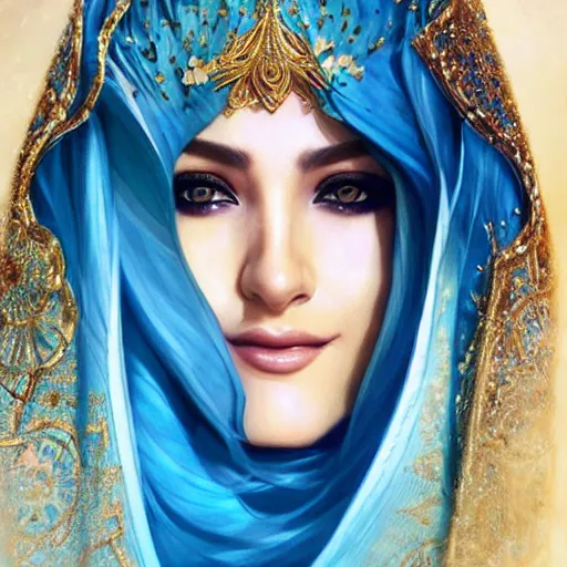 Prompt: a beautiful arabian woman wearing a white kaftan by karol bak, ayami kojima, artgerm, arabian beauty, blue eyes, smile, concept art, fantasy