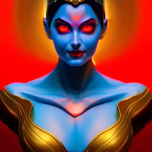 Image similar to darna, wax figure, glowing eyes, volumetric lights, red and cyan theme, art nouveau botanicals, intricate, highly detailed, digital painting, artstation, concept art, smooth, sharp focus, cinematic, illustration, beautiful face, art by artgerm and greg rutkowski and alphonse mucha