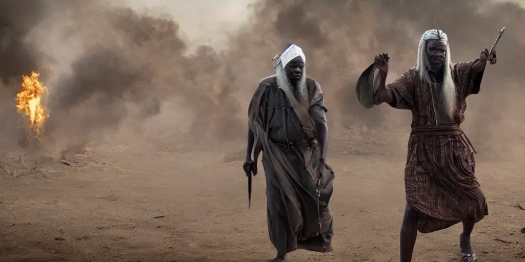 Prompt: african gandalf playing in ghanian action movie