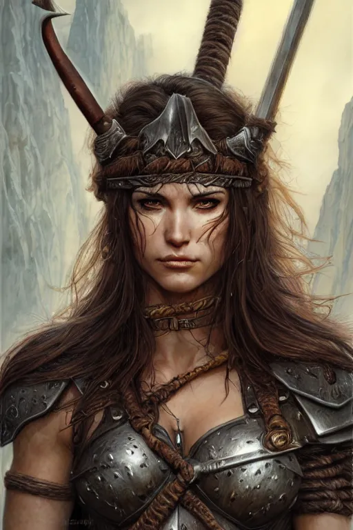 Image similar to head and shoulders portrait of a barbarian, female, high fantasy, dnd, face details, extremely detailed, smooth, sharp focus, digital illustration, by luis royo, magali villeneuve, donato giancola, wlop, krenz cushart, artgerm