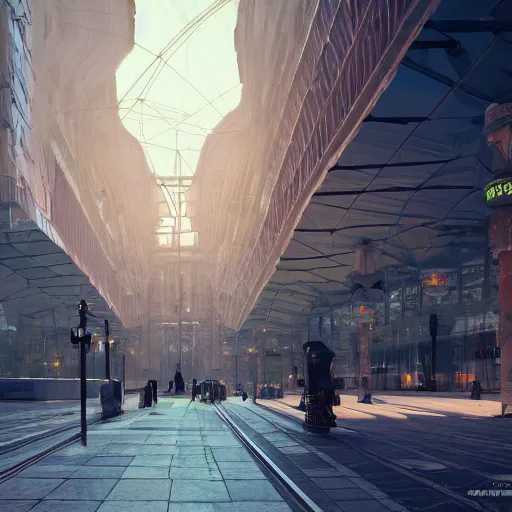 Image similar to leipzig central place, solarpunk, dynamic lighting, cinematic composition, artstation, ayan nag, marcin rubinkowski, adrien girod