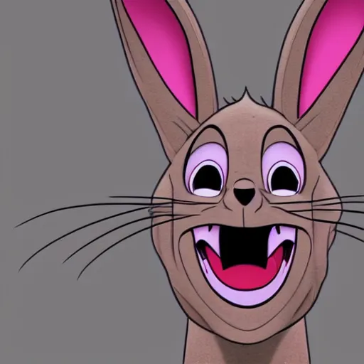 Image similar to A extremely highly detailed majestic hi-res beautiful, highly detailed portrait of a scary terrifying creepy cartoon rabbit evil smiling standing up wearing pants and a shirt in the style of Walt Disney animation