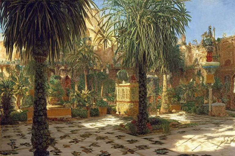 Image similar to painting of a beautiful moorish palace courtyard garden, by rudolf ernst and maxfield parrish and arkady rylov, patterned tilework, palm trees, tiled fountains, extremely detailed, cinematic lighting, smooth sharp focus