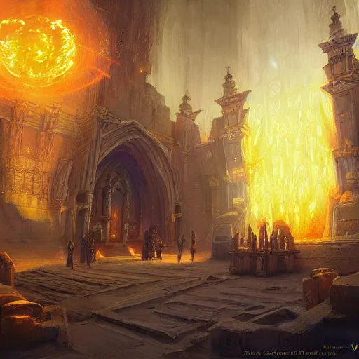 Image similar to a holy temple, yellow light emission, hearthstone art style, epic fantasy style art by Craig Mullins, fantasy epic digital art, epic fantasy card game art by Greg Rutkowski