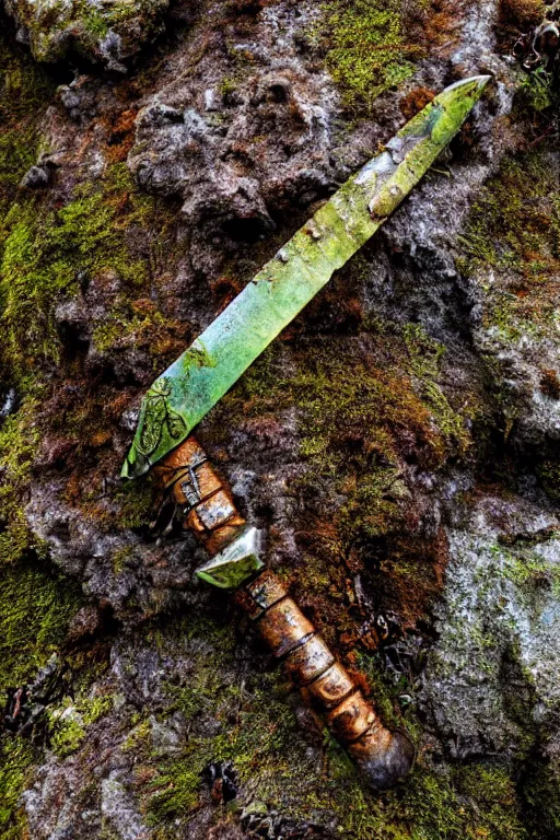 Image similar to a portrait of a rusty sword protruding from a rock, rust and corrosion, moss and vegetation, ancient forest, excalibur, close - up, intricate details, intricately detailed textures, warm lighting, vivid colors, smoke and mist, hyper realistic octane render, volumetric shading, depth of field, raytracing, 8 k,